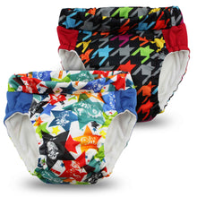 Load image into Gallery viewer, Two colorful swim diapers and training pants covers with star patterns on a white background