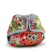 Load image into Gallery viewer, Rumparooz Newborn Cloth Diaper Cover by Kanga Care in the print called Perky a retro floral pattern in pink, green, orange, and white, featuring a light blue-gray trim and three pink snap closures, shown on a white background.
