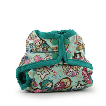 Load image into Gallery viewer, Rumparooz Newborn Cloth Diaper Cover by Kanga Care in the print called tokiTreats with a light mint green background and a colorful cartoon character print, featuring teal green trim and snap closures, shown on a white background.