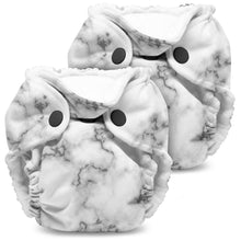 Load image into Gallery viewer, Lil Joey Newborn and preemie AIO cloth Diaper by Kanga Care in Polished with a white and gray marble pattern, featuring black snap closures, shown on a clean white background.