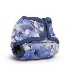 Load image into Gallery viewer, Rumparooz Newborn Cloth Diaper Cover by Kanga Care in the print called Frozen with a blue and purple watercolor print featuring silhouettes of deer, stars, and constellations, shown on a clean white background.