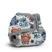 Load image into Gallery viewer, Rumparooz Newborn Cloth Diaper Cover by Kanga Care in the print called Lil Monster Reboot with colorful cartoon monsters and Love Me text, featuring gray elasticized trim and snap closures, shown on a white background.