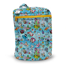 Load image into Gallery viewer, Kanga Care Wet Bag for cloth diapers in print tokiSea tokidoki with a light blue backpack featuring an all-over cartoon undersea print with various characters and sea life, complete with a yellow zipper and top handle.