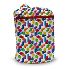 Load image into Gallery viewer, Kanga Care Wet Bag for cloth diapers in print Block Party with a colorful geometric isometric pattern on a white background, featuring a red zipper and a top carrying handle.