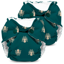 Load image into Gallery viewer, Lil Joey Newborn and preemie AIO cloth Diaper by Kanga Care in Kraken with teal green and a beige octopus pattern and white lining, shown on a plain white background.
