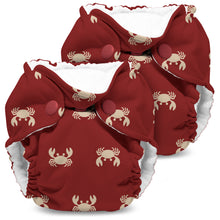 Load image into Gallery viewer, Lil Joey Newborn and preemie AIO cloth Diaper by Kanga Care in Sebastian in a deep red color with a beige crab pattern and white lining, shown on a clean white background.