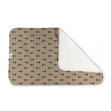 Load image into Gallery viewer, Kanga Care Changing Pad and Sheet Saver in the print called Hope with a tan background, black repeating tree pattern, and a folded-over white reverse side, shown on a plain white background.