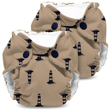 Load image into Gallery viewer, Lil Joey Newborn and preemie AIO cloth Diaper by Kanga Care in Hope with a beige background and a navy blue lighthouse pattern, displayed on a clean white background.
