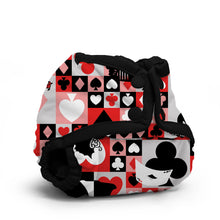 Load image into Gallery viewer, Rumparooz Newborn Cloth Diaper Cover by Kanga Care in the print called Queen of Hearts from Alice in Wonderland with a red, black, and white playing card suit pattern, featuring black elastic straps and a front snap closure, shown on a white background.
