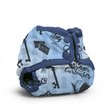 Load image into Gallery viewer, Rumparooz Newborn Cloth Diaper Cover by Kanga Care in the print called Alice from Alice in Wonderland with a light blue background, dark blue trim, and a black-and-white whimsical print featuring keys, a cat, and the words 'Curiosity is a Curioiser'.