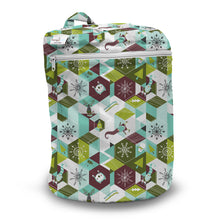 Load image into Gallery viewer, Kanga Care Wet Bag for cloth diapers in print Frolic a geometric winter pattern in mint green, olive, and burgundy, featuring snowflakes, snowboarders, and a reindeer. The bag has a top zipper, a top carry handle, and a small white brand label on the upper left.