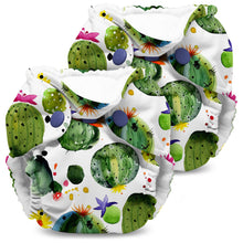 Load image into Gallery viewer, Lil Joey Newborn and preemie AIO cloth Diaper by Kanga Care in Blossom with a colorful cactus and succulent print on a white background, shown overlapping against a plain white studio backdrop.