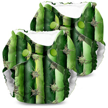Load image into Gallery viewer, Lil Joey Newborn and preemie AIO cloth Diaper by Kanga Care in Prickles Cactus print with spines and light green snap buttons, shown on a plain white background.
