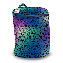 Load image into Gallery viewer, Kanga Care Wet Bag for cloth diapers in print Muchness with a colorful gradient background transitioning from purple to teal to blue, covered in black doodle-style illustrations, shown on a white background.