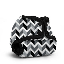 Load image into Gallery viewer, Rumparooz Newborn Cloth Diaper Cover by Kanga Care in the print called Zev with black and white chevron patterned bag with a black strap on a white background