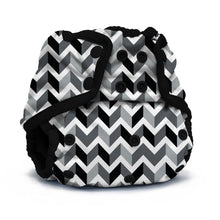 Load image into Gallery viewer, Rumparooz One Size Cloth Diaper Cover by Kanga Care print called Zev with a Black and white chevron patterned diaper bag on a white background
