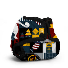 Load image into Gallery viewer, Rumparooz Newborn Cloth Diaper Cover by Kanga Care in Christmas print called Hans with a colorful bag with geometric pattern on a white background