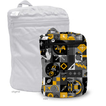 Load image into Gallery viewer, Kanga Care Wet Bag MIni for cloth diapers in the print called King with a colorful geometric-patterned bag next to a white original bag on a white background