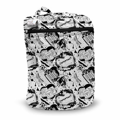 Book Club print cloth diaper wet bag for dirty diaper storage, with zipper top and snap off handle