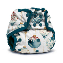 Load image into Gallery viewer, Rumparooz One Size Cloth Diaper Cover by Kanga Care in Christmas print called Glaskugeln with blue and red ornament pattern on a white background