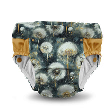 Load image into Gallery viewer, Lil Learnerz training pants with dandelion pattern and yellow trim on a navy background