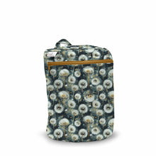 Load image into Gallery viewer, Soiled cloth diaper storage mini wet bag with dandelion pattern on a navy background