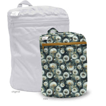 Load image into Gallery viewer, Cloth diaper dirty diaper storage mini wet bag with dandelion pattern on a navy background
