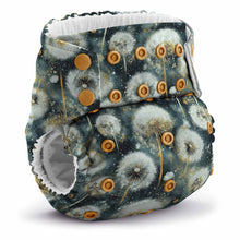 Load image into Gallery viewer, Rumparooz G3 AWJ cloth diaper with dandelion pattern on a navy background