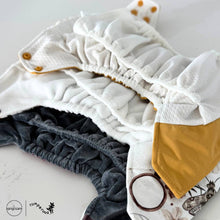 Load image into Gallery viewer, Rumparooz G3 One Size Pocket Cloth Diaper Interior Microchamois Stay Dry AWJ Athletic Wicking Jersey OBV Organic Bamboo Velour