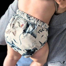 Load image into Gallery viewer, Baby in Chomp Shark Rumparooz G3 One Size Pocket Diaper