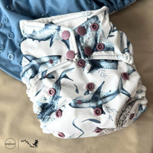 Load image into Gallery viewer, Chomp Shark Dusk Blue Rumparooz G3 One Size Pocket Diaper