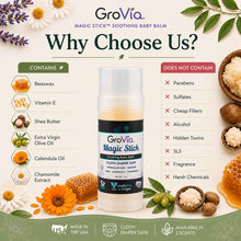 Load image into Gallery viewer, GroVia Magic Stick Soothing Baby Balm with ingredients and benefits listed on a natural product theme.