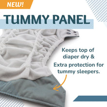 Load image into Gallery viewer, Rumparooz One Size Cloth Diaper features a wide waterproof tummy to help keep clothing dry for babies who sleep on their bellies.