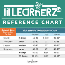 Load image into Gallery viewer, Lil Learnerz 2.0 reference chart for clothing sizes with weights, ages, and heights.