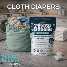 Load image into Gallery viewer, GroVia Mighty Bubbles laundry treatment packaging with a bag of cloth diapers in a kitchen setting.