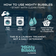 Load image into Gallery viewer, Instructions on how to use Mighty Bubbles laundry treatment with icons and text.