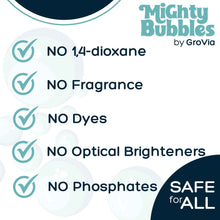 Load image into Gallery viewer, Mighty Bubbles by GroVia product listing with safety features on a white background
