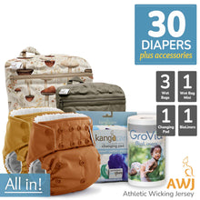 Load image into Gallery viewer, Kanga Care Rumparooz One Size Pocket Cloth Diaper Athletic Wicking Jersey AWJ Bundle with Kanga Care Wet Bag, Wet Bag Mini, Changing Pad and GroVIa BioLiners