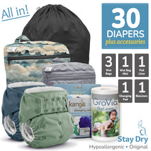 Load image into Gallery viewer, All in Kanga Care bundle for Rumparooz Stay Dry One Size Pocket Cloth Diapers with Accessories Pail Liner, Wet Bag, Wet Bag Mini, Changing Pads and BioLiners