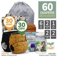 Load image into Gallery viewer, All in Twin Kanga Care bundle for Rumparooz OBV and AWJ Athletic Wicking Jersey One Size Pocket Cloth Diapers with Accessories Pail Liner, Wet Bag, Wet Bag Mini, Changing Pads and BioLiners