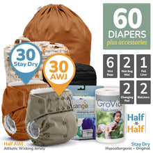 Load image into Gallery viewer, All in TwinKanga Care bundle for Rumparooz AWJ Athletic Wicking Jersey and Stay Dry One Size Pocket Cloth Diapers with Accessories Pail Liner, Wet Bag, Wet Bag Mini, Changing Pads and BioLiners