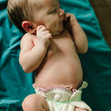 Load image into Gallery viewer, Baby laying on a Peacock changing pad wearing a prefold