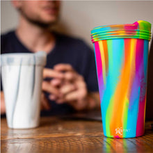 Load image into Gallery viewer, Polished SiliPint with clear lid and Rainbow Swirl SiliPint with matching lid