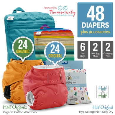 Twins Cloth Diaper Bundle - Half & Half Pack of 48 Rumparooz  + Wet Bags