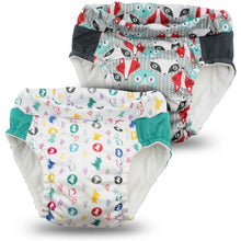 Load image into Gallery viewer, Two children's swim diapers and training pants with animal patterns on a white background
