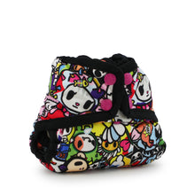 Load image into Gallery viewer, Rumparooz Newborn Cloth Diaper Cover by Kanga Care in the print called tokiJoy tokidoki with a vibrant, multicolor cartoon character print on a white background. The diaper features black elastic straps and two prominent pink snap buttons on the front closure.
