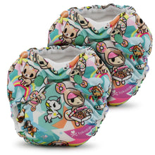 Load image into Gallery viewer, Lil Joey Newborn and preemie AIO cloth Diaper by Kanga Care in tokiSweet with a colorful Tokidoki character print, displayed on a clean white background.

