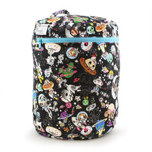 Load image into Gallery viewer, Kanga Care Wet Bag for cloth diapers in print tokiSpace tokidoki with a black backpack featuring an all-over colorful cartoon space print with astronauts, planets, and rockets, complete with a light blue zipper.

