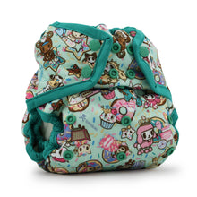 Load image into Gallery viewer, Rumparooz One Size Cloth Diaper Coverin the print tokiTreats featuring a light mint green background, decorated with a colorful cartoon character print, and finished with teal green trim and snap closures.
