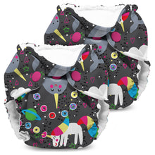 Load image into Gallery viewer, Lil Joey Newborn and preemie AIO cloth Diaper by Kanga Care in Narwhal with a dark gray outer fabric printed with colorful cartoon unicorns, planets, stars, and hearts, shown on a white background.
